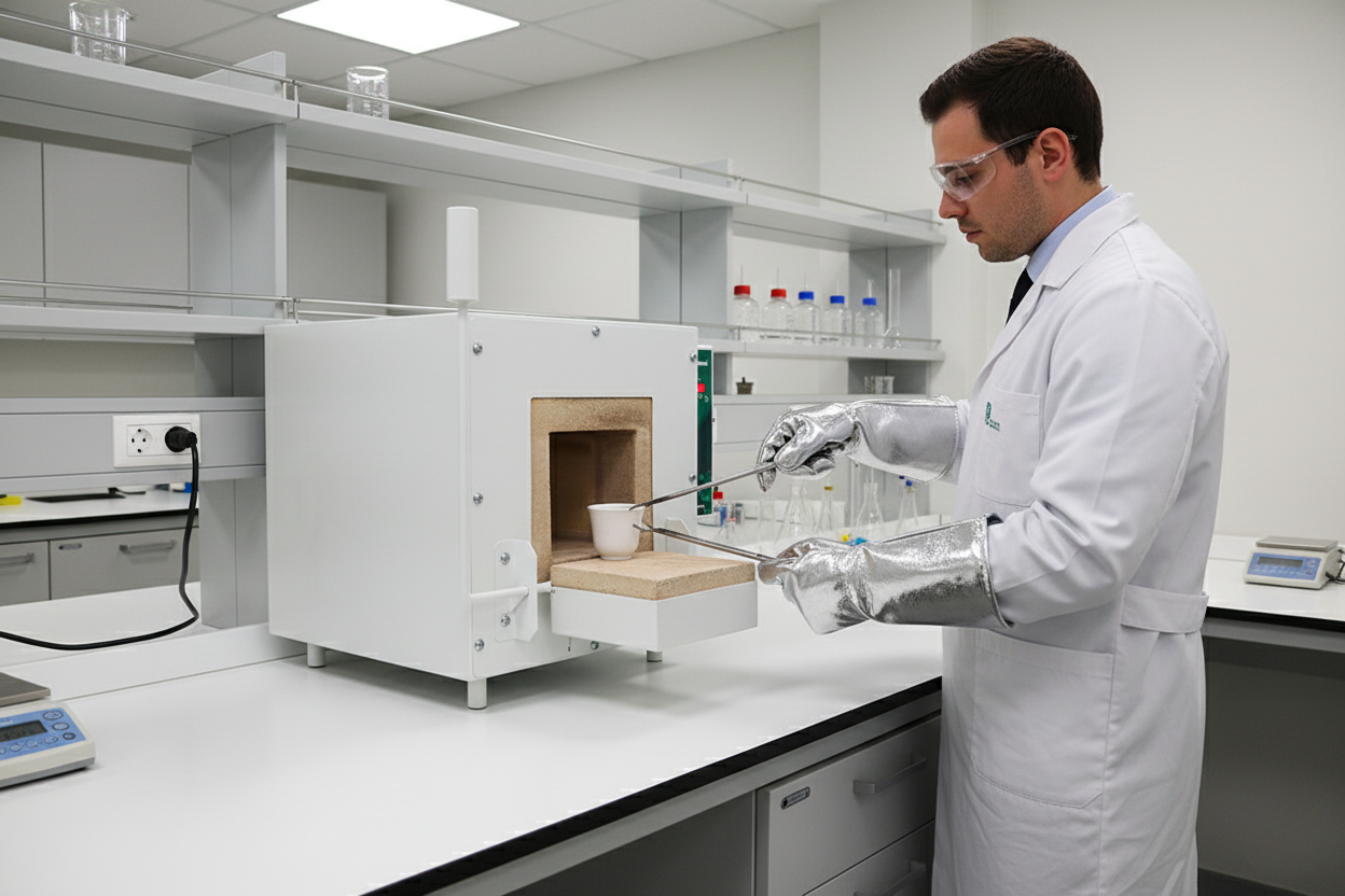 Forno mufla de laboratório com painel digital para controle preciso de temperatura.