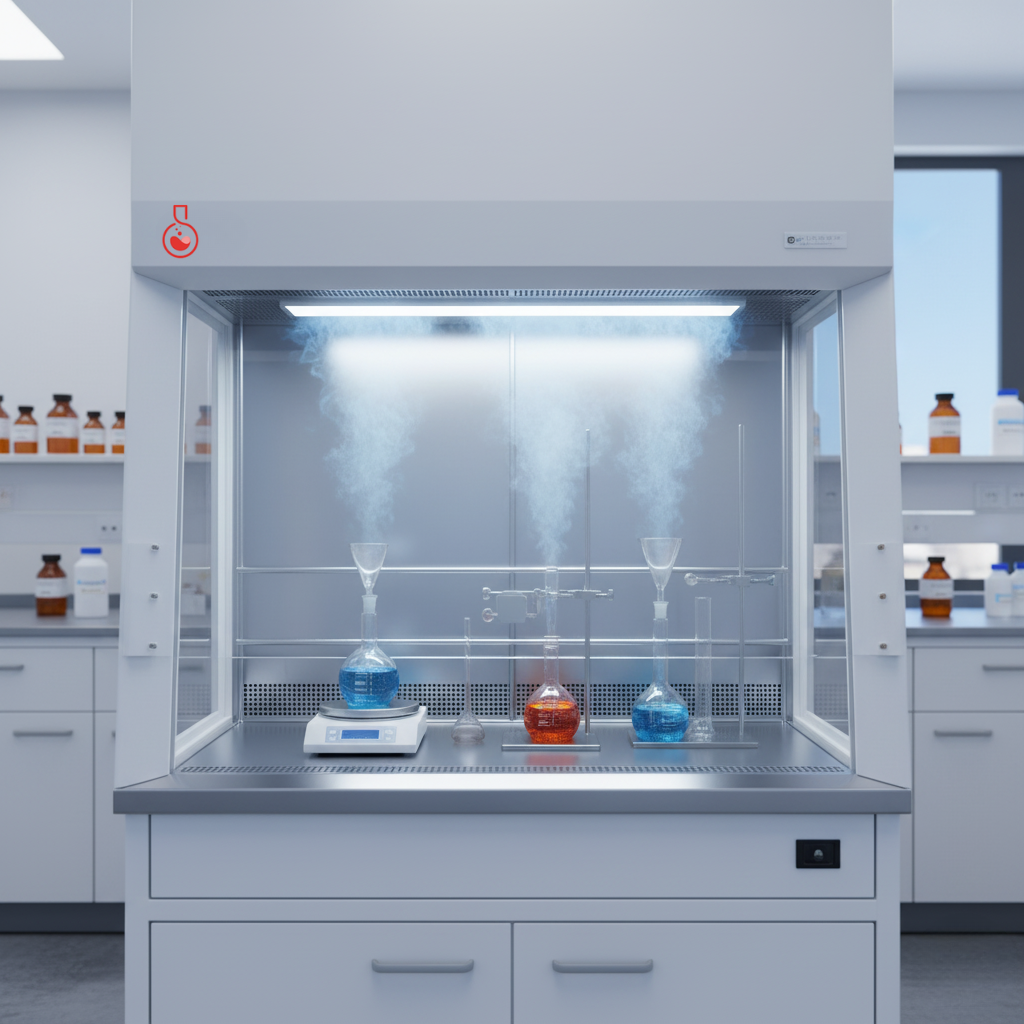 Capela de exaustão de gases em uso em um ambiente de laboratório seguro.