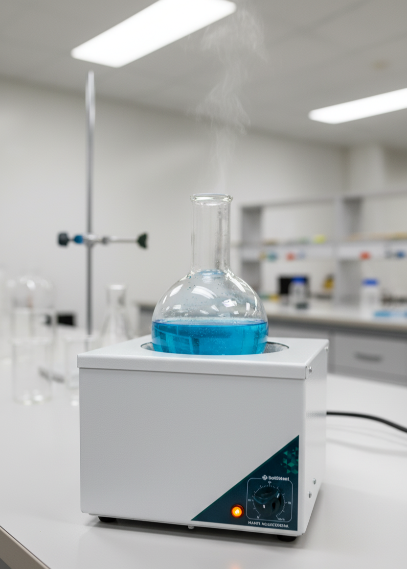 Manta aquecedora de laboratório SumLab em uso com balão de fundo redondo.
