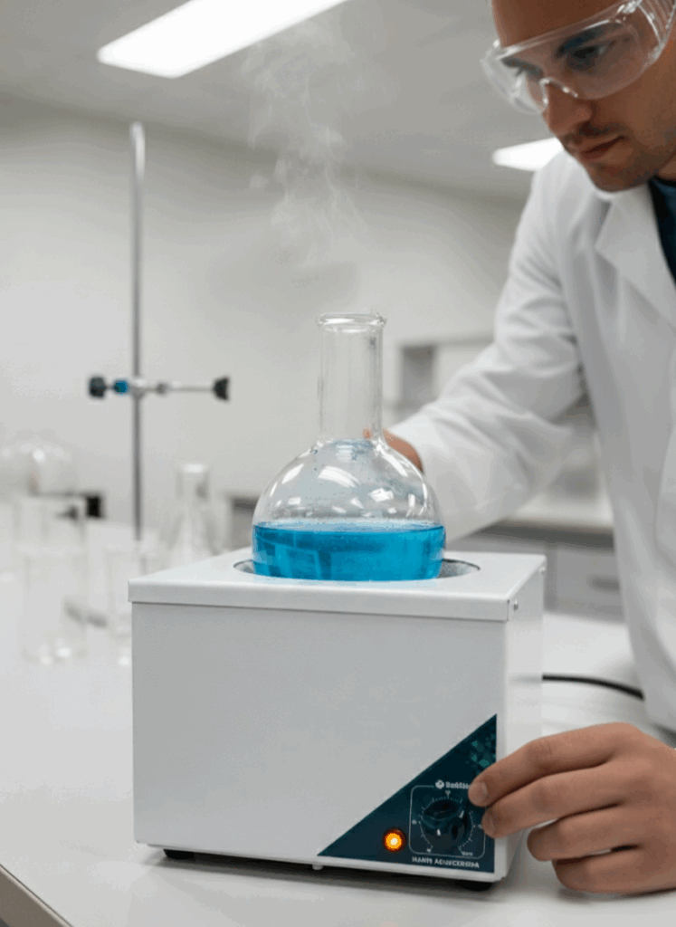 Técnico de laboratório ajustando a temperatura de uma manta aquecedora com segurança.