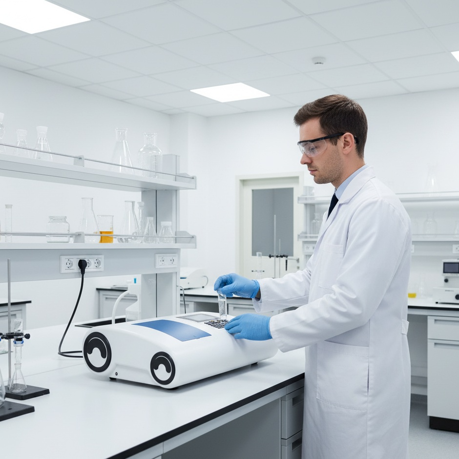 Pesquisador realizando uma análise por espectrofotometria em laboratório.