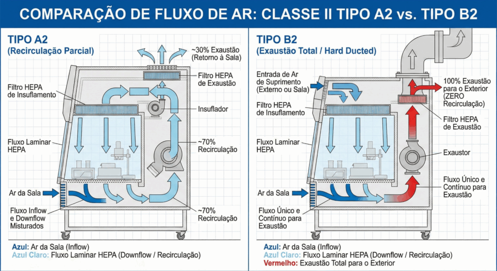 Diagrama comparativo de fluxo de ar em Cabines de Segurança Biológica Classe II: Tipo A2 (recirculação parcial) vs. Tipo B2 (exaustão total externa).