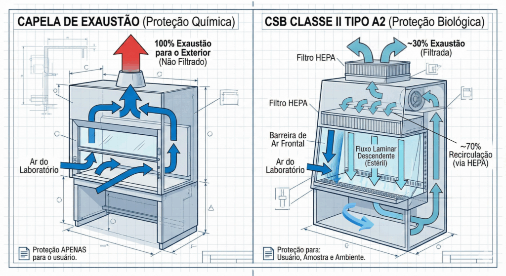 Diagrama comparando o fluxo de ar de uma Capela de Exaustão química e uma Cabine de Segurança Biológica Classe II