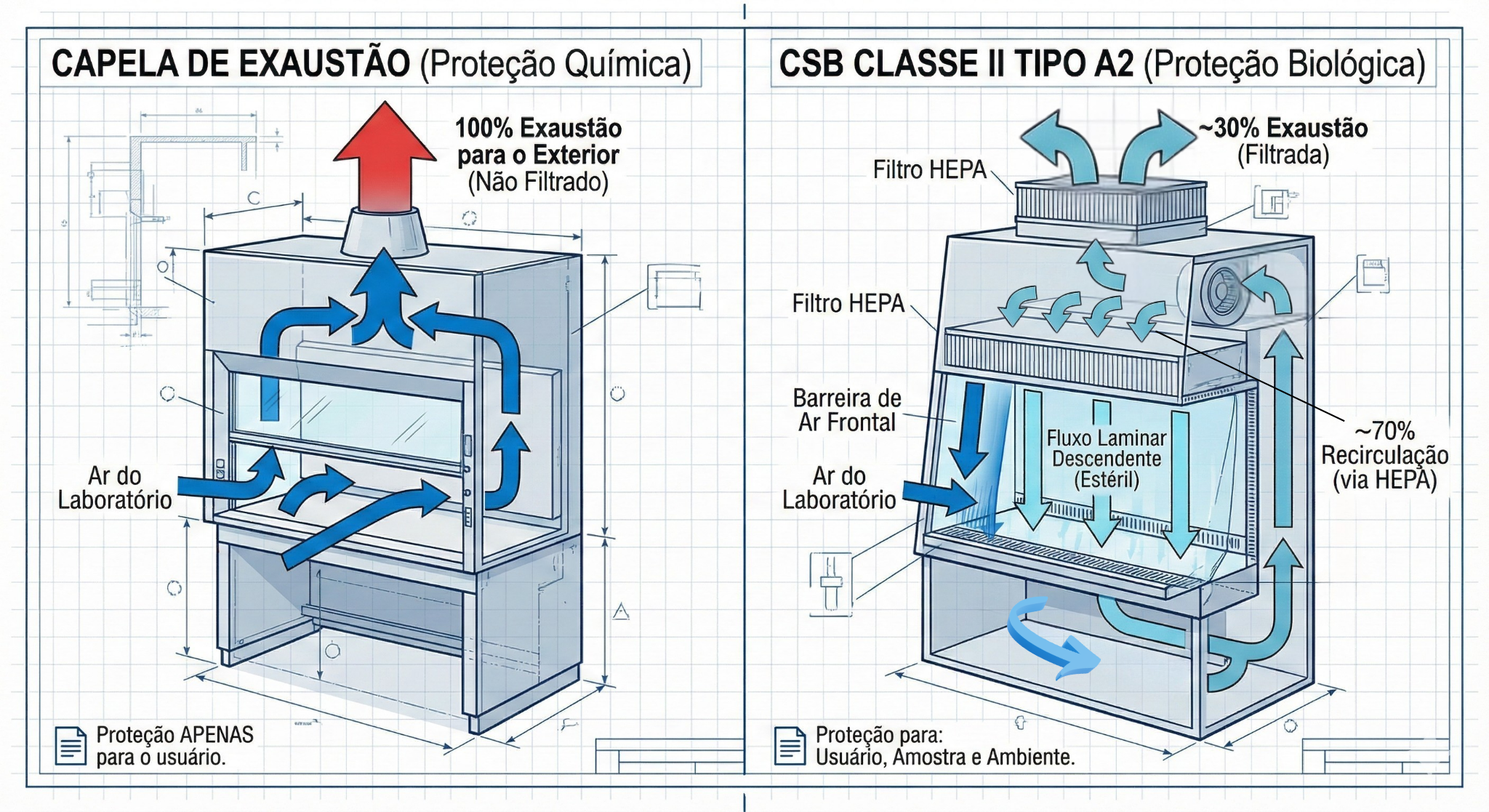 Diagrama comparando o fluxo de ar de uma Capela de Exaustão química e uma Cabine de Segurança Biológica Classe II