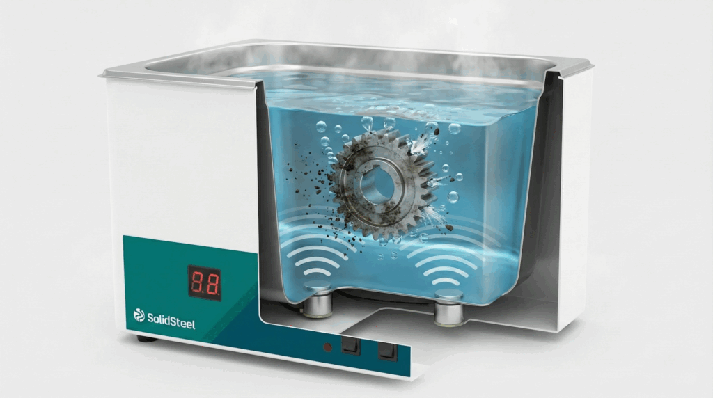 Banho ultrassônico com aquecimento limpando uma engrenagem.