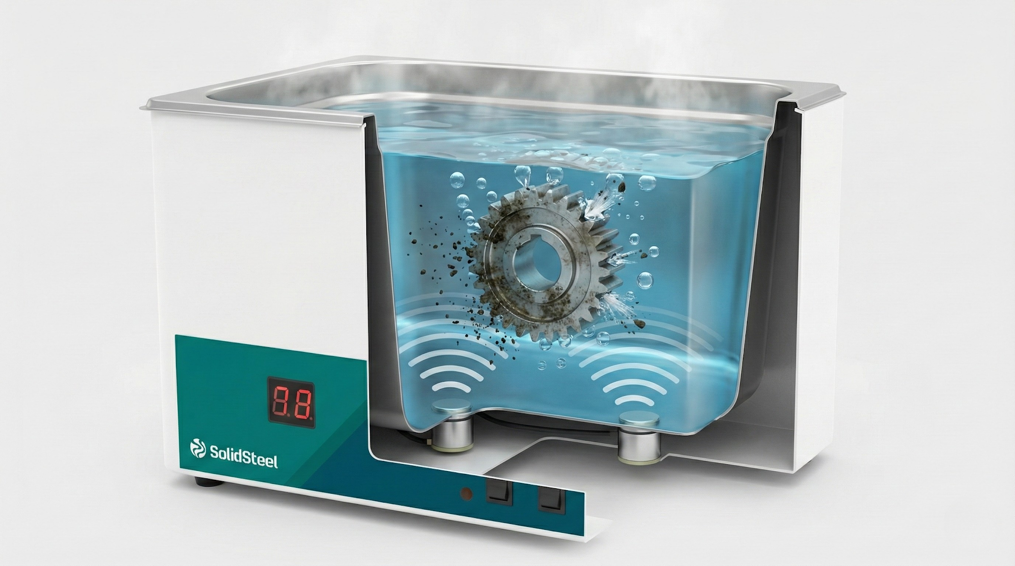 Banho ultrassônico com aquecimento limpando uma engrenagem.
