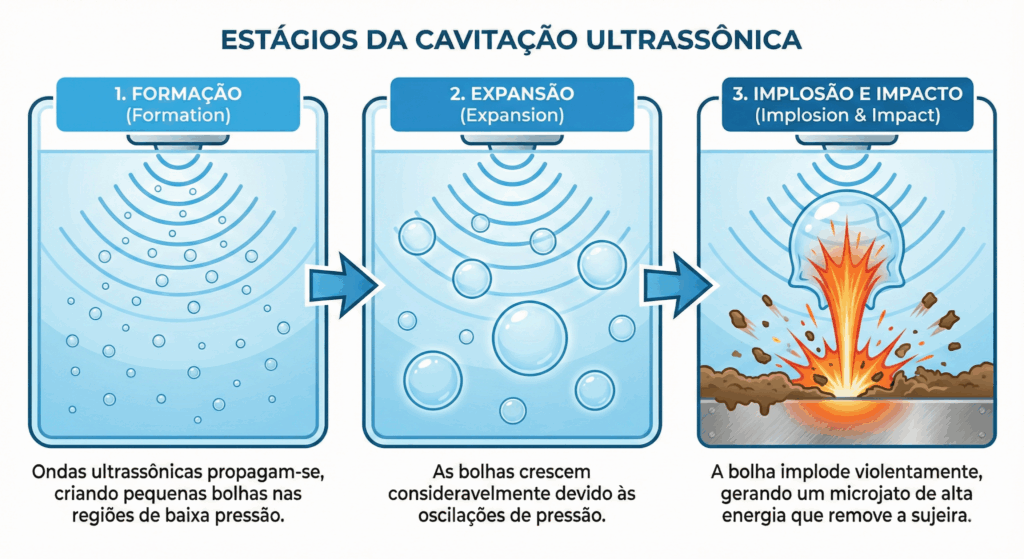 Diagrama do processo de cavitação em limpeza ultrassônica mostrando a implosão de bolhas removendo sujeira.