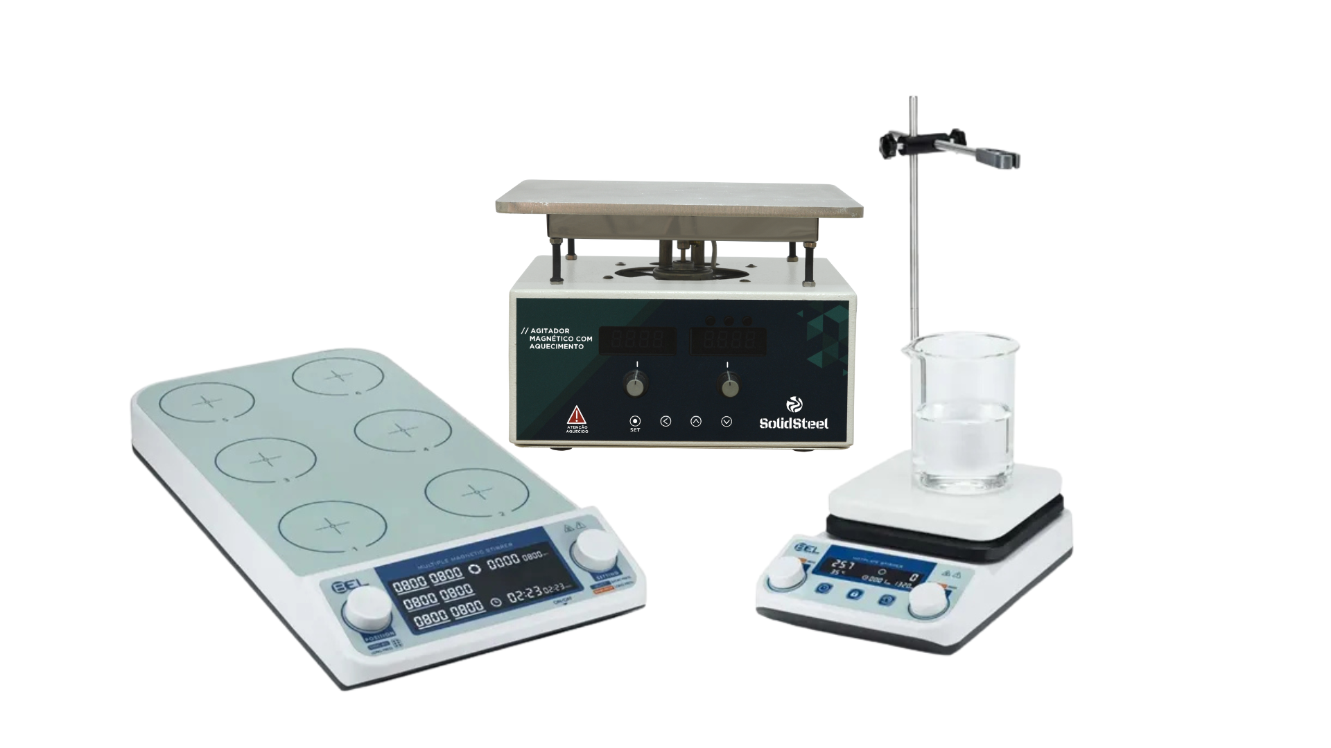 Agitadores magnéticos com aquecimento BEL e SolidSteel para laboratório – modelos multiponto, com suporte e de superfície metálica, usados para mistura e aquecimento de soluções químicas.