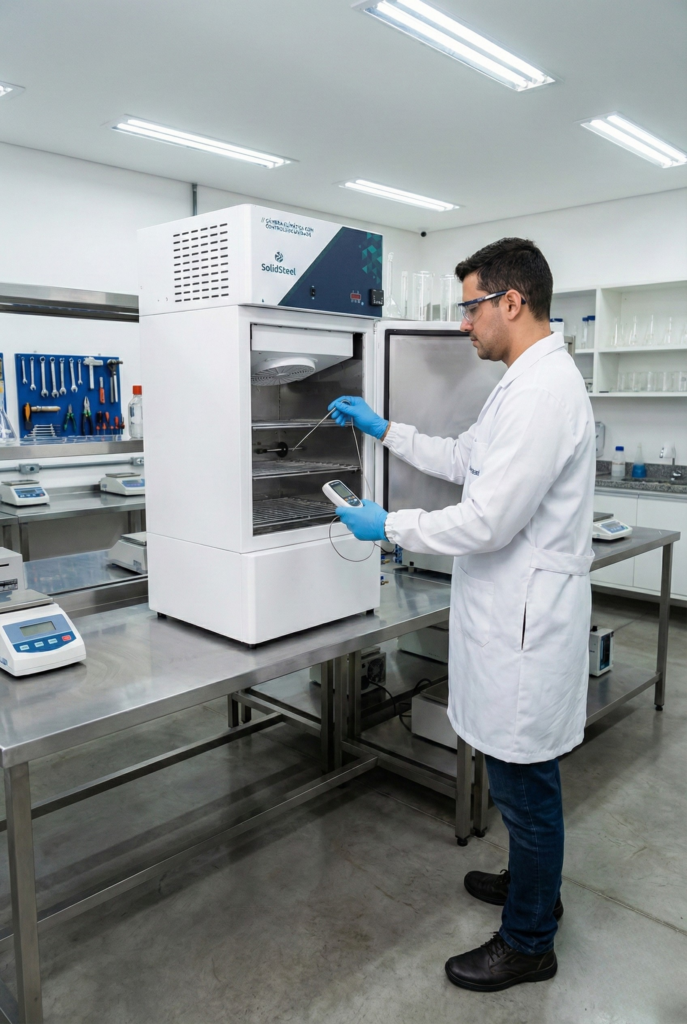 Técnico realizando calibração e manutenção em câmara de estabilidade farmacêutica.