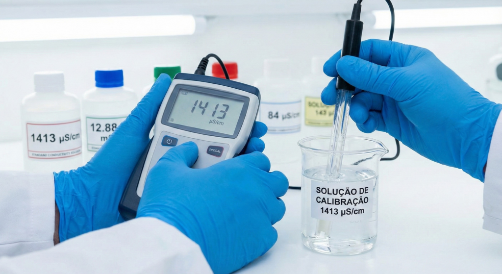 Técnico realizando a calibração de condutivímetro com solução padrão 1413 µS/cm.
