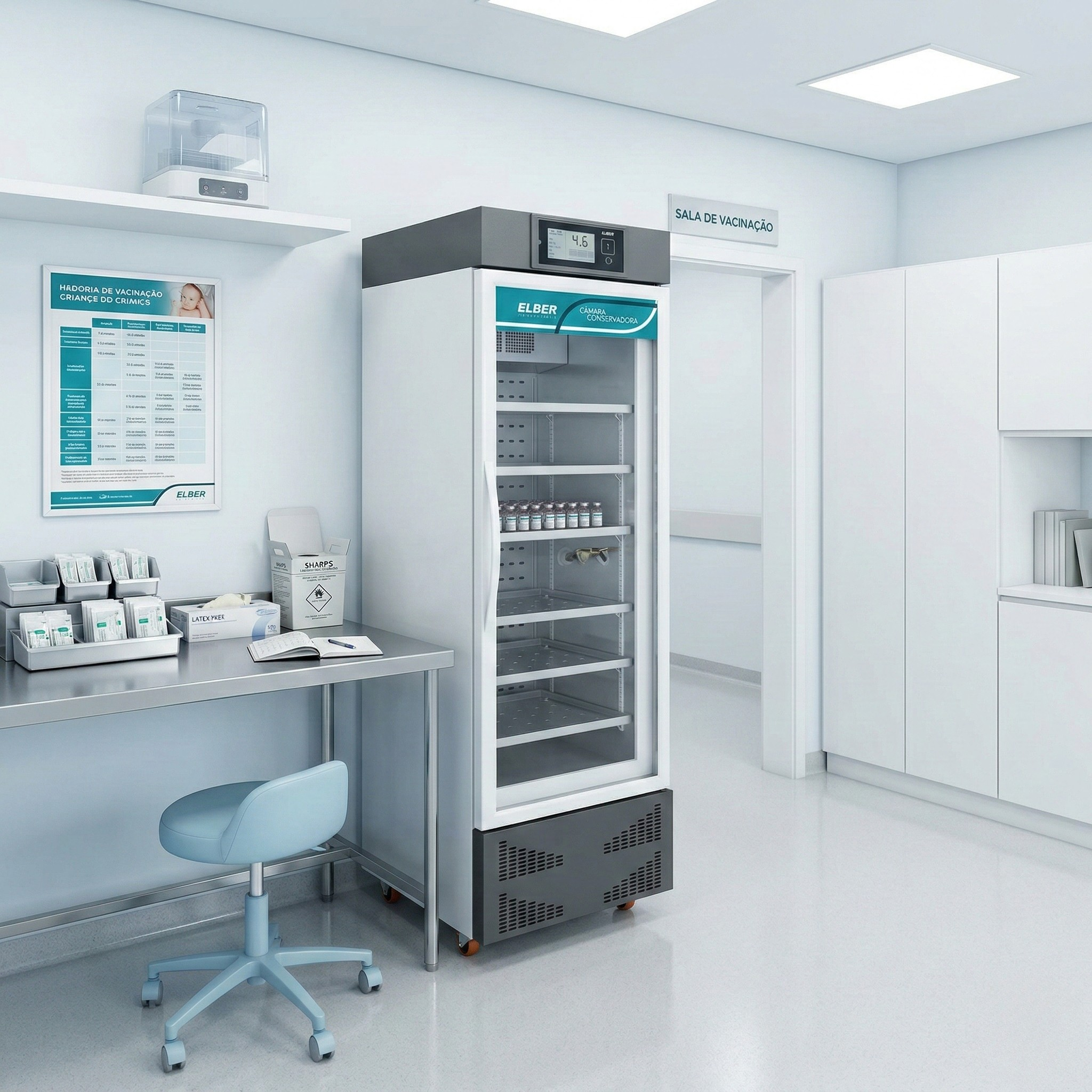 Câmara de conservação de vacinas moderna com painel digital exibindo temperatura de 4 graus celsius em laboratório.