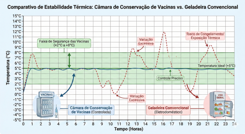 Gráfico comparativo de estabilidade térmica mostrando a precisão de uma câmara de conservação de vacinas em relação a uma geladeira comum.