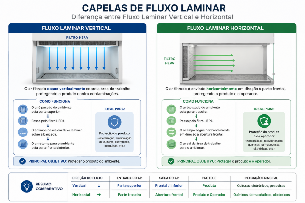 Comparativo entre capela de fluxo laminar vertical e capela de fluxo laminar horizontal em ambiente laboratorial.