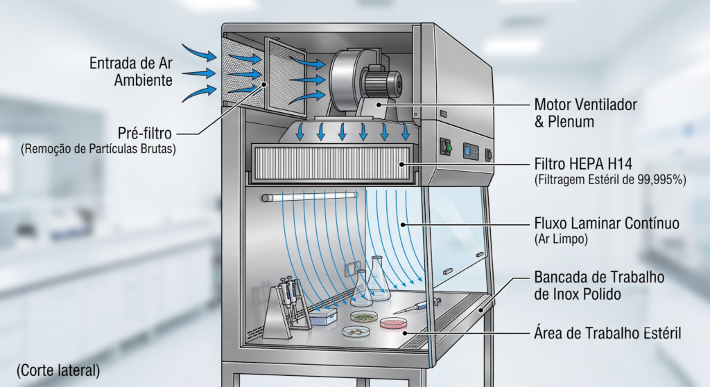 Diagrama do funcionamento da filtragem com filtro HEPA H14 em capela de fluxo laminar para laboratório.