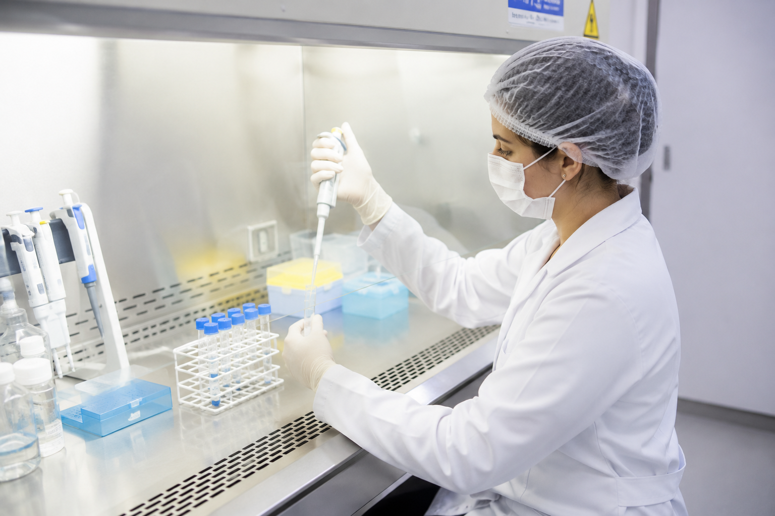 Técnico de laboratório manipulando amostras estéreis em capela de fluxo laminar.