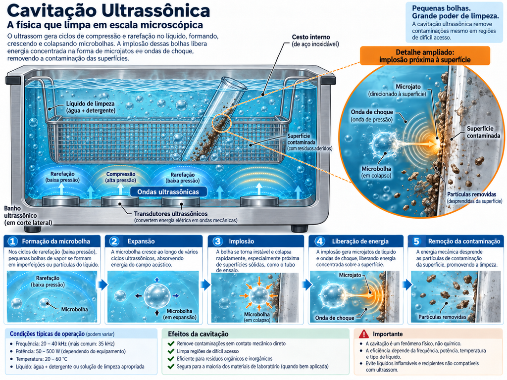 Esquema do processo de cavitação ultrassônica em um banho de laboratório