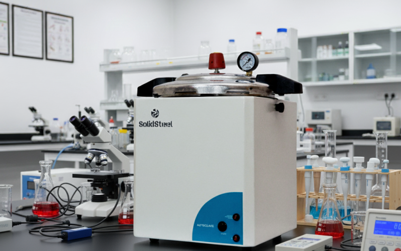 Autoclave vertical de laboratório utilizada para esterilização de vidrarias e meios de cultura.