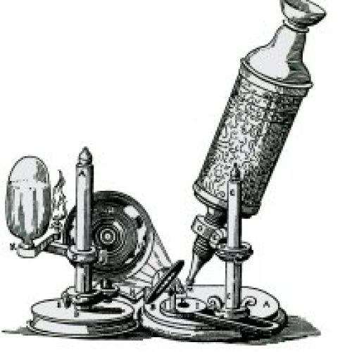 Desenho do primeiro microscópio de Robert Hooke, mostrando sua estrutura simples.