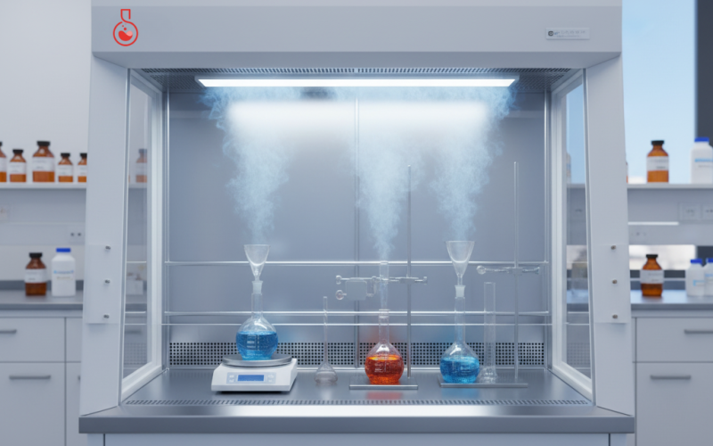 Capela de exaustão de gases em uso em um ambiente de laboratório seguro.