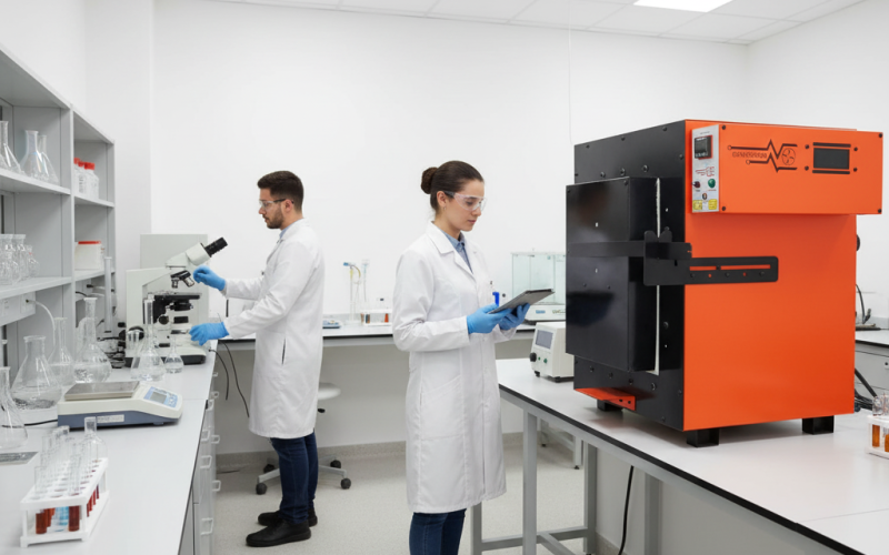 Forno industrial de resistência elétrica com controlador digital para uso em laboratório.