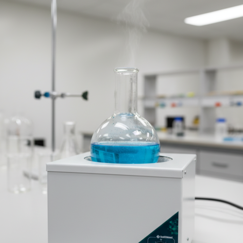 Manta aquecedora de laboratório SumLab em uso com balão de fundo redondo.