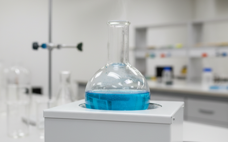 Manta aquecedora de laboratório SumLab em uso com balão de fundo redondo.