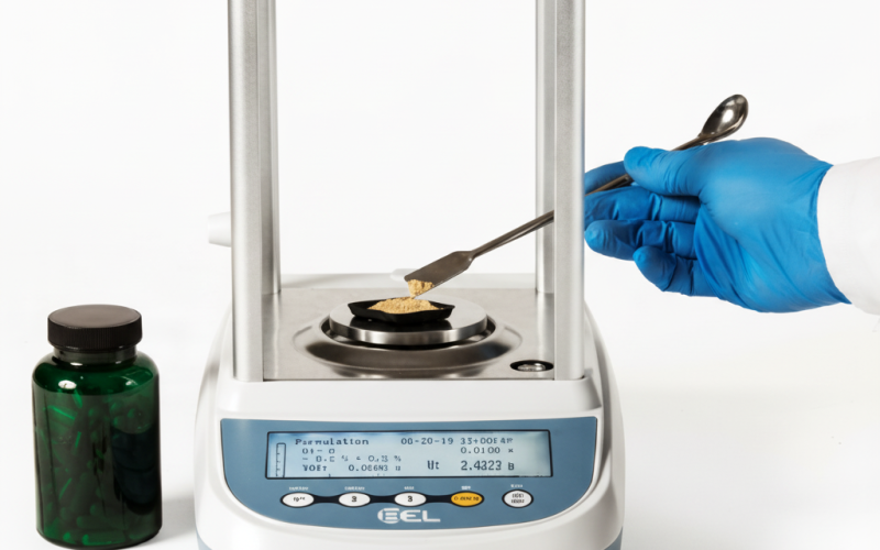 Balança analítica sendo utilizada para pesagem de precisão em um laboratório farmacêutico.