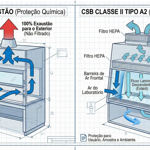 Diagrama comparando o fluxo de ar de uma Capela de Exaustão química e uma Cabine de Segurança Biológica Classe II