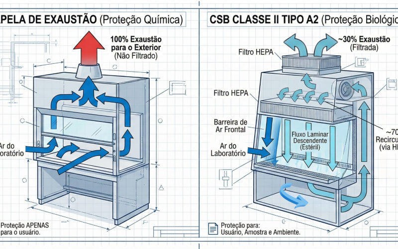 Diagrama comparando o fluxo de ar de uma Capela de Exaustão química e uma Cabine de Segurança Biológica Classe II