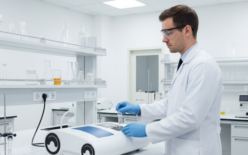 Pesquisador realizando uma análise por espectrofotometria em laboratório.