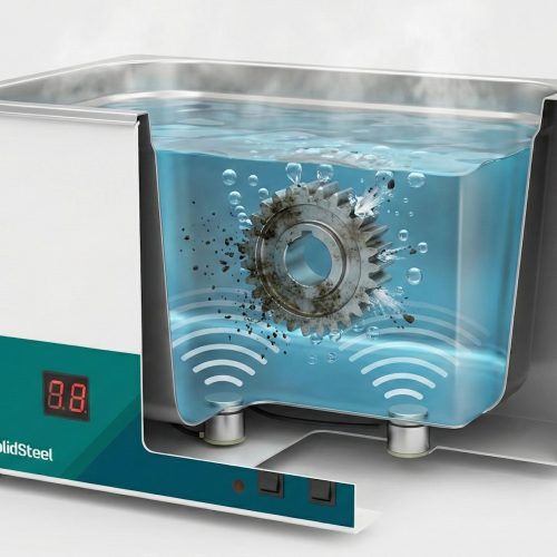Banho ultrassônico com aquecimento limpando uma engrenagem.
