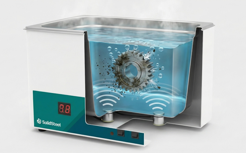 Banho ultrassônico com aquecimento limpando uma engrenagem.