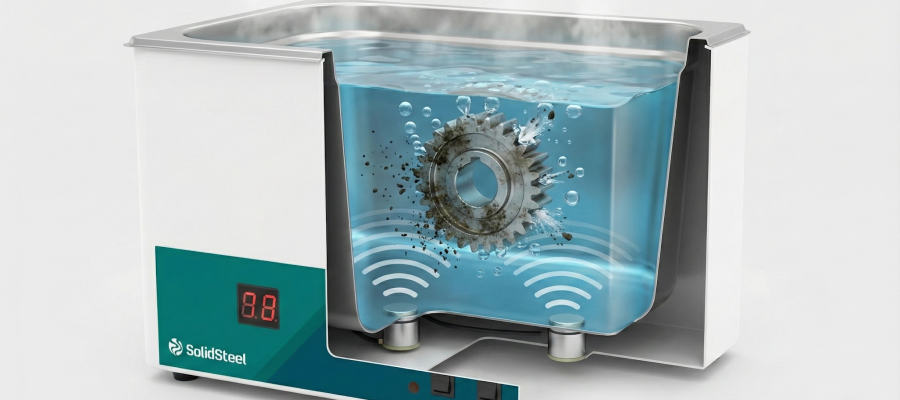 Banho ultrassônico com aquecimento limpando uma engrenagem.