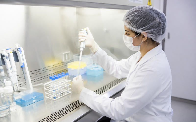 Técnico de laboratório manipulando amostras estéreis em capela de fluxo laminar.