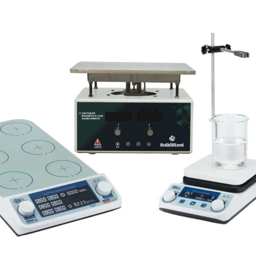 Agitadores magnéticos com aquecimento BEL e SolidSteel para laboratório – modelos multiponto, com suporte e de superfície metálica, usados para mistura e aquecimento de soluções químicas.
